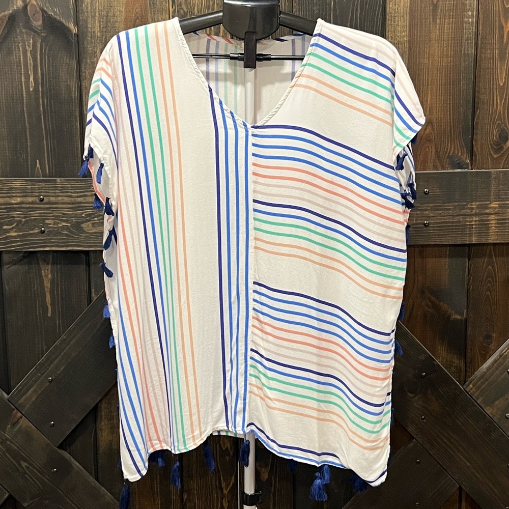 Surf Gypsy Pastel Rainbow Stripe Swim Cover S White Tassels Resortwear Boho Chic